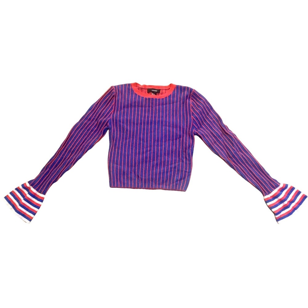 Forever 21 Y2K Striped Crop Sweater Flare Bell Sleeve Blue Red Purple Knit Top